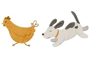 linda amapola persecuciones el pollo. digital mano dibujado ilustración con pequeño perro y aves de corral granja animal para textil diseño, educación, bebé ducha, niños huellas dactilares. vector