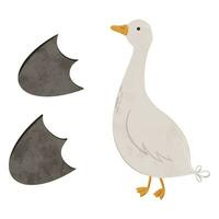 Cute goose and footprint. Digital hand drawn illustration with geese farm animal for textile design, education, baby shower, children prints. Drawing of character in cartoon style vector