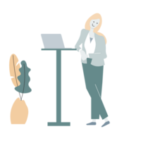 Frau Arbeiten mit Laptop. freiberuflich oder studieren Konzept. süß Illustration im eben Stil. png