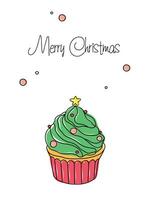 Christmas Greeting Card. Christmas cupcake with Christmas Tree. Vector illustration. Sweet congratulations on the holiday.