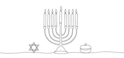 Hanukkah menorah one continuous line background with star and sufganiyot. Jewish traditional candle holder with lights. Minimal Chanukah banner template. Vector illustration isolated on white