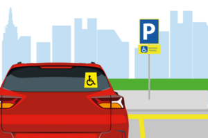 Traffic or road rules. Disabled parking area sign. Back view of a car with handicap access sticker on rear window. png