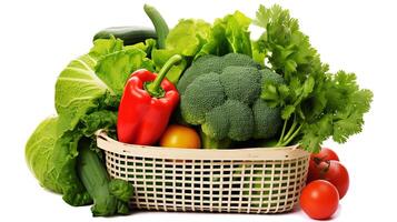 A white basket full vegetables in  white background photo