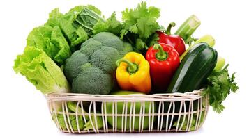 un blanco cesta lleno vegetales en blanco antecedentes foto