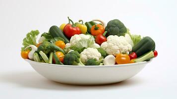 un blanco cesta lleno vegetales en blanco antecedentes foto