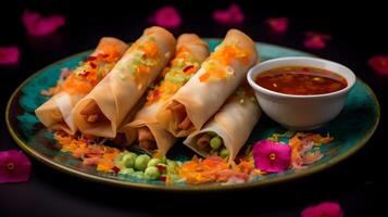 Colorful spring roll plate a gourmet celebration of Chinese culture free copy space photo