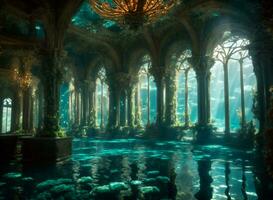Mermaid's underwater palace, where shimmering scales and luminous flora create an otherworldly atmosphere beneath the depths of the sea. photo