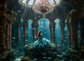 Mermaid's underwater palace, where shimmering scales and luminous flora create an otherworldly atmosphere beneath the depths of the sea. photo