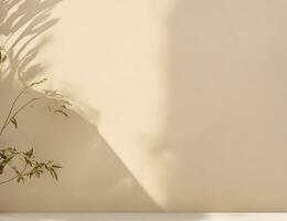 Minimalist abstract light beige background for product presentation with soft shadows of vegetation on the wall. photo