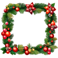 Square christmas wreath with leaves, flowers, ribbons,sand lights isolated on a transparent background PNG AI Generative