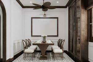 White wall and wooden interior, Classic dining table and chairs on the texture tiles flooring in the dining 3d rendering photo