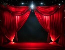 rojo y negro cortinas y un etapa en el oscuro con focos, espumoso y espumoso estrellas foto