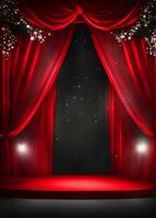 Red and black curtains and a stage in the dark with spotlights, sparkling and sparkling stars photo