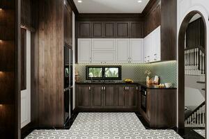 The kitchen interior design is allocated with wooden and texture flooring. photo