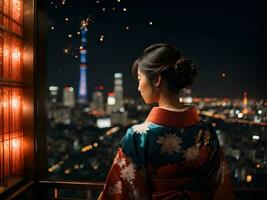 joven mujer en kimono mirando a fuegos artificiales en el noche cielo, ai generado foto