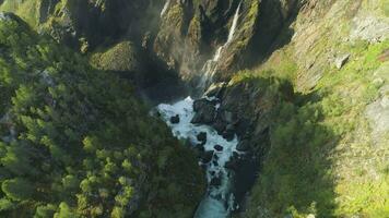 voringfossen vattenfall och klippor med grön träd i Norge på solig sommar dag. antenn vertikal top-down se. Drönare är flygande fram, kamera är lutande ner video