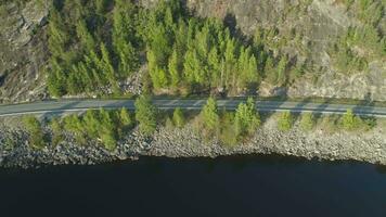 blanco coche es yendo en país la carretera cerca lago en Noruega en verano soleado día. aéreo vertical De arriba hacia abajo vista. zumbido es volador oblicuo video