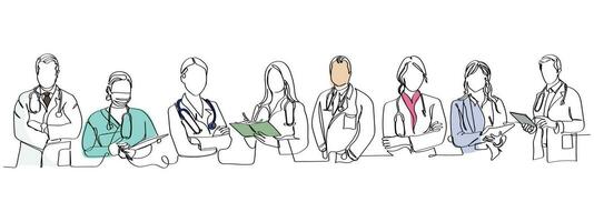 Continuous line art of doctors. vector