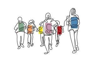 Continuous line art of a group of kids going to school or back to school. vector