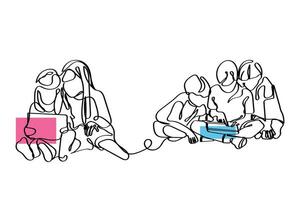 Continuous line art of kids engrossed in their screens.Leisure time activities. vector