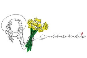 continuous line art of little girl holding beautiful flowers for the loved ones. vector