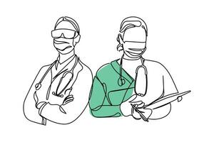 Continuous line art of doctors. vector