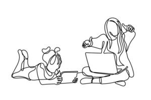 Continuous line art of siblings watching Tablet together. vector