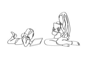 Continuous line art of siblings watching Tablet together. vector