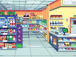 Pixel art illustration supermarket background. Pixelated inside store. Inside Supermarket Store pixelated for the pixel art game and icon for website and video game. old school retro. vector