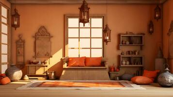 Sunlit Moroccan Living Room with Vibrant Orange Accents photo