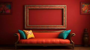 Red Living Room with Ornate Gold Frame and Colorful Pillows photo