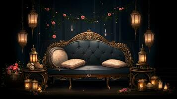 Romantic Nighttime Garden Scene with Vintage Sofa and Lanterns photo