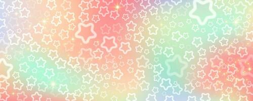 Pastel sky with stars and bokeh. Kawaii fantasy background. Magic glitter space with iridescent texture. Abstract vector wallpaper