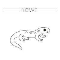 Trace the letters and color cartoon newt. Handwriting practice for kids. vector