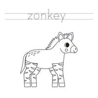 Trace the letters and color cartoon zonkey. Handwriting practice for kids. vector