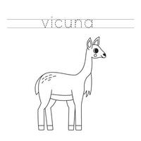 Trace the letters and color cartoon vicuna. Handwriting practice for kids. vector