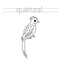Trace the letters and color cartoon quetzal. Handwriting practice for kids. vector
