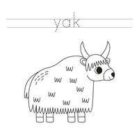 Trace the letters and color cartoon yak. Handwriting practice for kids. vector