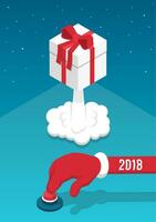 Santa hand presses the red button and launches the gift box vector