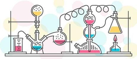 A complex chemical reaction. Construction of laboratory glassware, equipment. Vector illustration of a minimalistic style of line icons. Background of random chemical formulas, notes.