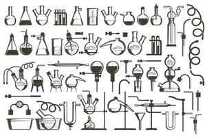 Chemical science design elements great set - equipment, flasks, retorts, containers, racks, hoses and so on. vector