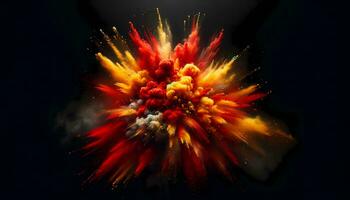 A dynamic and dramatic explosion of red and yellow powder on a black background. AI Generated photo