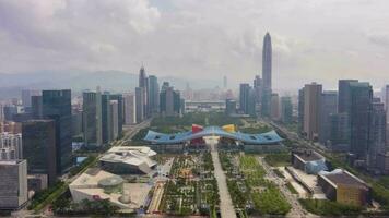 SHENZHEN, CHINA - MARCH 28, 2019 Urban Cityscape. Central Business District. Futian. Aerial Hyper Lapse, Drone Time Lapse video