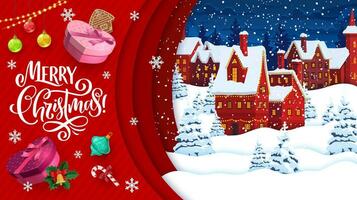 Christmas paper cut banner with winter town scene vector