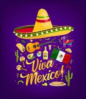 Viva mexico bandera con sombrero, comida y bandera vector
