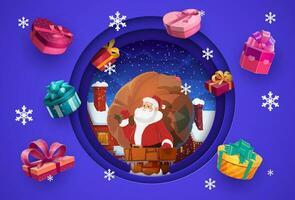 Christmas paper cut banner Santa with gifts bag vector