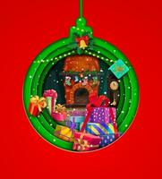 Christmas paper cut bauble with gift and fireplace vector