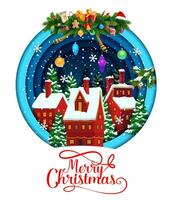 Winter christmas paper cut snowy town postcard vector