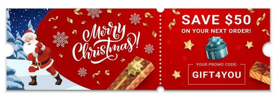 Christmas voucher with coupon, vector Xmas ticket