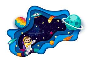 Cartoon paper cut space landscape with astronaut vector